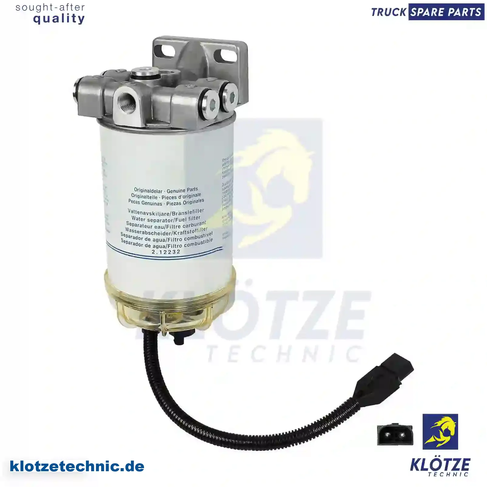 Fuel filter, water separator, complete - fuel preheater, 8159974 || Klötze Technic Spare Part | Engine, Accelerator Pedal, Camshaft, Connecting Rod, Crankcase, Crankshaft, Cylinder Head, Engine Suspension Mountings, Exhaust Manifold, Exhaust Gas Recirculation, Filter Kits, Flywheel Housing, General Overhaul Kits, Engine, Intake Manifold, Oil Cleaner, Oil Cooler, Oil Filter, Oil Pump, Oil Sump, Piston & Liner, Sensor & Switch, Timing Case, Turbocharger, Cooling System, Belt Tensioner, Coolant Filter, Coolant Pipe, Corrosion Prevention Agent, Drive, Expansion Tank, Fan, Intercooler, Monitors & Gauges, Radiator, Thermostat, V-Belt / Timing belt, Water Pump, Fuel System, Electronical Injector Unit, Feed Pump, Fuel Filter, cpl., Fuel Gauge Sender,  Fuel Line, Fuel Pump, Fuel Tank, Injection Line Kit, Injection Pump, Exhaust System, Clutch & Pedal, Gearbox, Propeller Shaft, Axles, Brake System, Hubs & Wheels, Suspension, Leaf Spring, Universal Parts / Accessories, Steering, Electrical System, Cabin