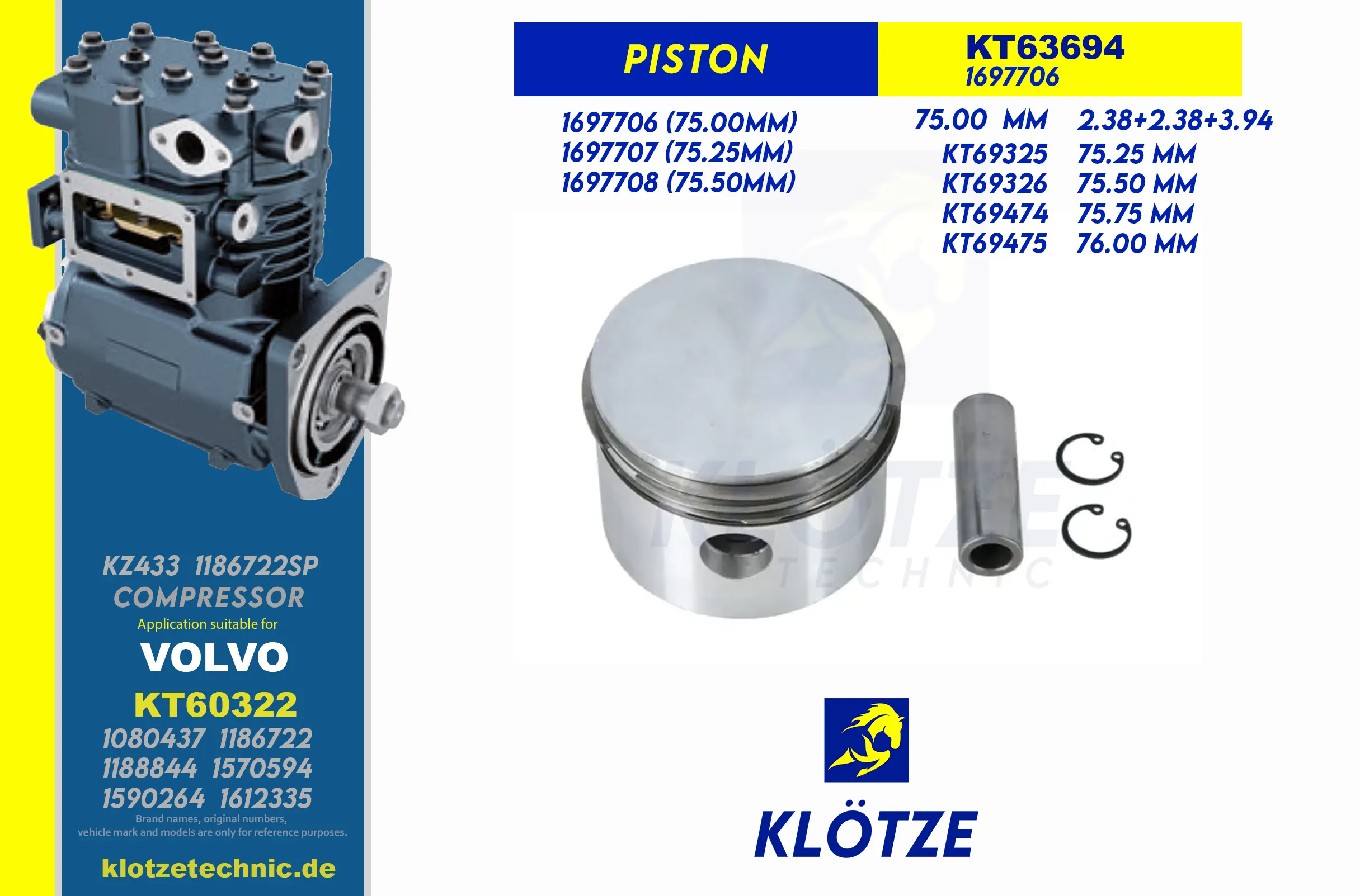 Ø75.00mm (STD) Compressor Piston,  || Klötze Technic Spare Part | Engine, Accelerator Pedal, Camshaft, Connecting Rod, Crankcase, Crankshaft, Cylinder Head, Engine Suspension Mountings, Exhaust Manifold, Exhaust Gas Recirculation, Filter Kits, Flywheel Housing, General Overhaul Kits, Engine, Intake Manifold, Oil Cleaner, Oil Cooler, Oil Filter, Oil Pump, Oil Sump, Piston & Liner, Sensor & Switch, Timing Case, Turbocharger, Cooling System, Belt Tensioner, Coolant Filter, Coolant Pipe, Corrosion Prevention Agent, Drive, Expansion Tank, Fan, Intercooler, Monitors & Gauges, Radiator, Thermostat, V-Belt / Timing belt, Water Pump, Fuel System, Electronical Injector Unit, Feed Pump, Fuel Filter, cpl., Fuel Gauge Sender,  Fuel Line, Fuel Pump, Fuel Tank, Injection Line Kit, Injection Pump, Exhaust System, Clutch & Pedal, Gearbox, Propeller Shaft, Axles, Brake System, Hubs & Wheels, Suspension, Leaf Spring, Universal Parts / Accessories, Steering, Electrical System, Cabin